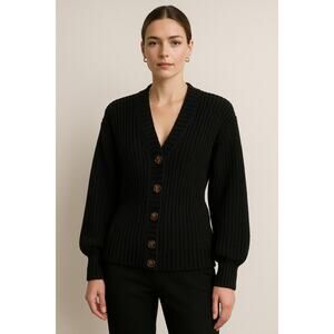 LPA Black Chunky Rib-Knit Cardigan Sweater – XS – Wool Blend Balloon Sleeves